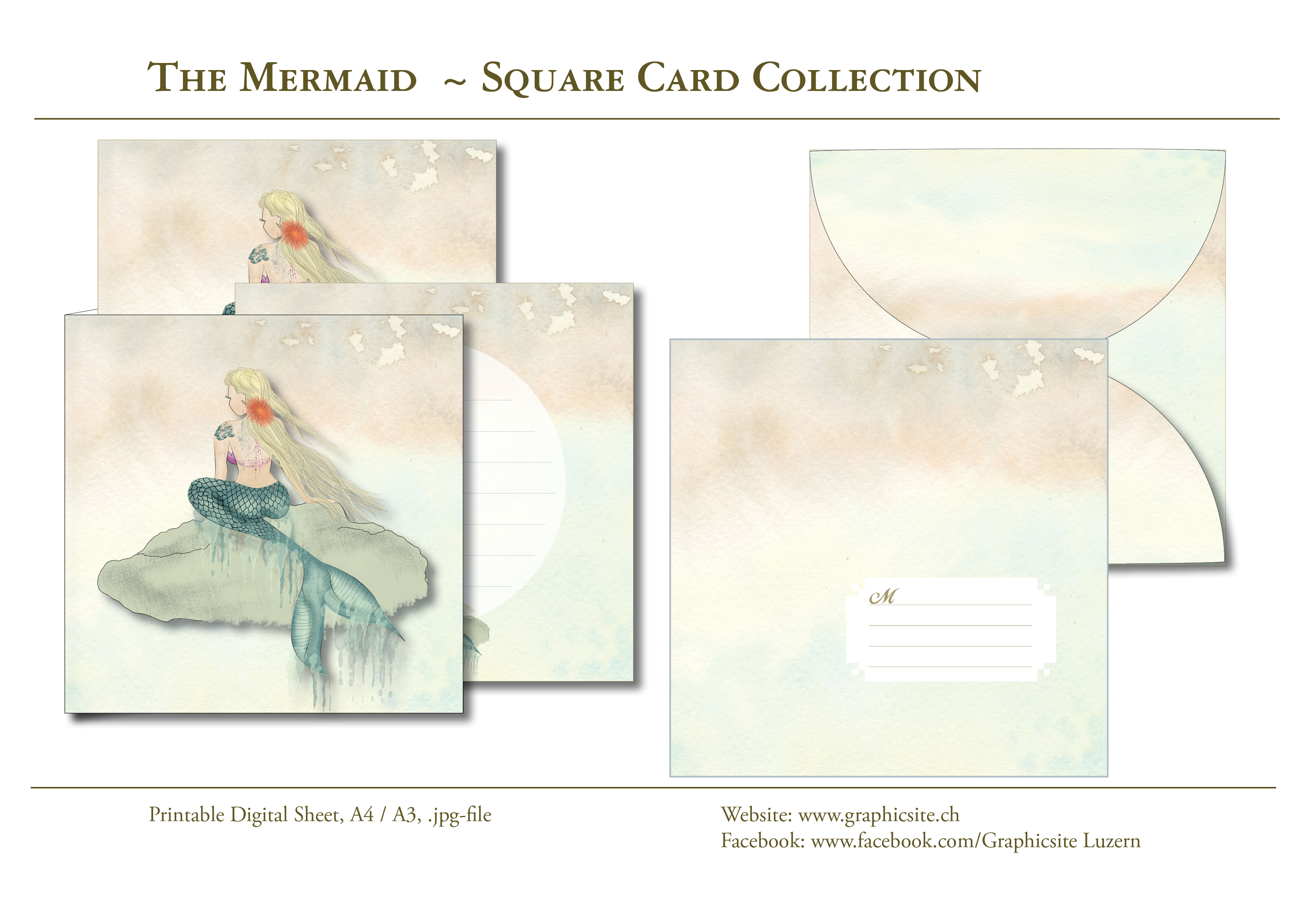 Printable Digital Sheets - Square Card Collection, Mermaid, Sea, Ocean, Greeting Cards, Envelope, Notecard, Graphic Design, Digital Art,